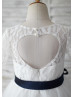 Ivory Lace Tulle Short Sleeves Heart Hole Back Knee Length Flower Girl Dress